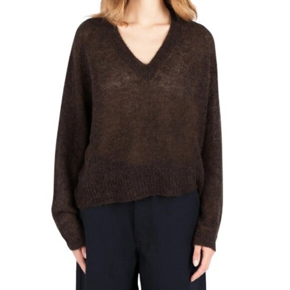 Jacob chocolate brown long sleeve deep V-neck knitted sweater size L - Picture 1 of 4